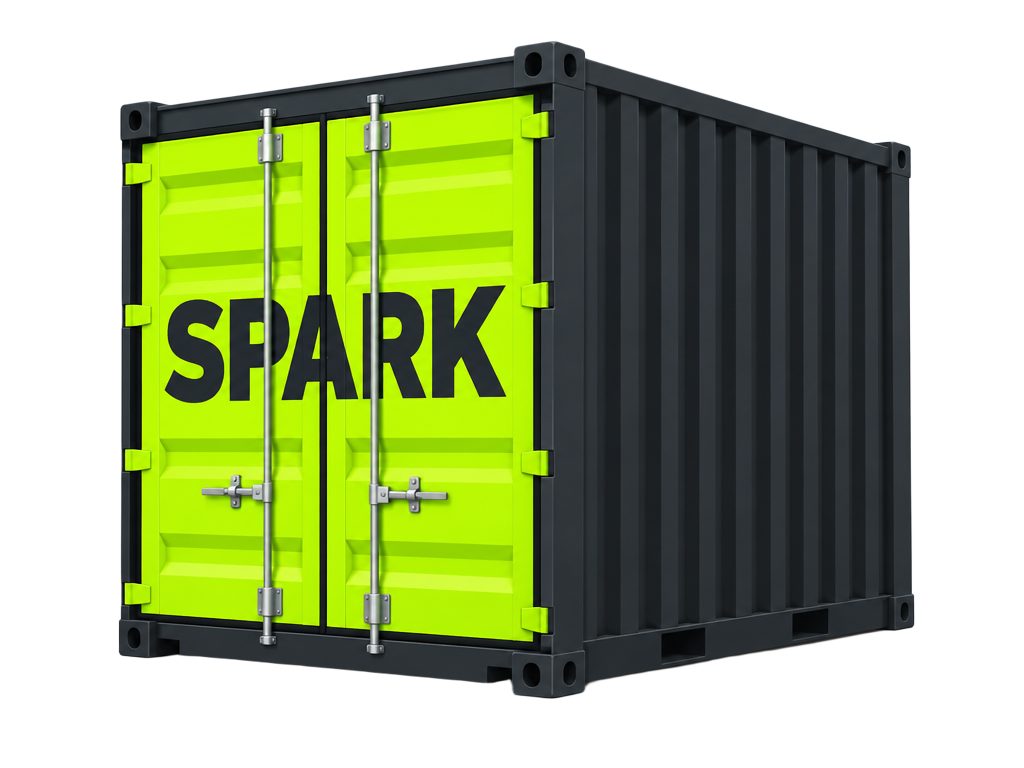 Illustration of a 10ft charcoal storage container with lime Spark doors, shorter than the 20ft option