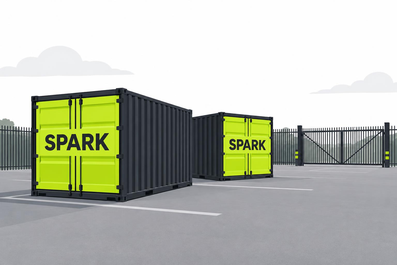 Illustration of two charcoal drive-up storage containers with lime Spark doors on an open yard with space to park alongside